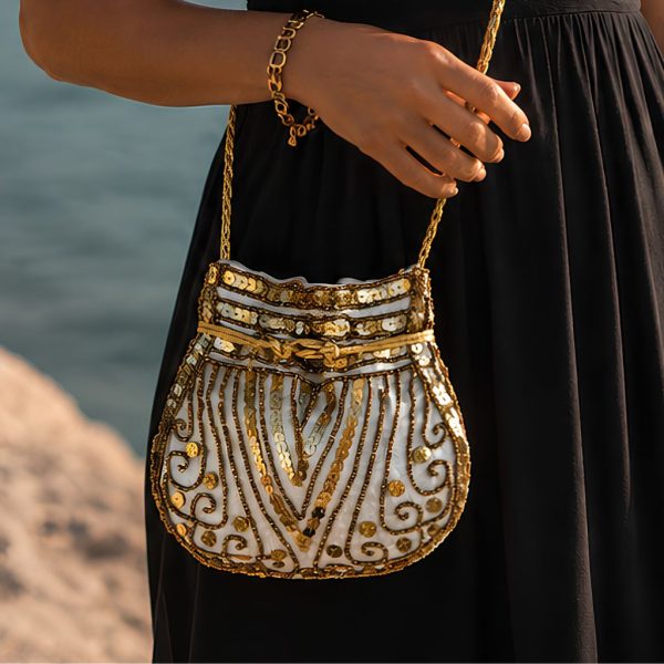 Bolso Bombonera Bordada Blanca/Oro