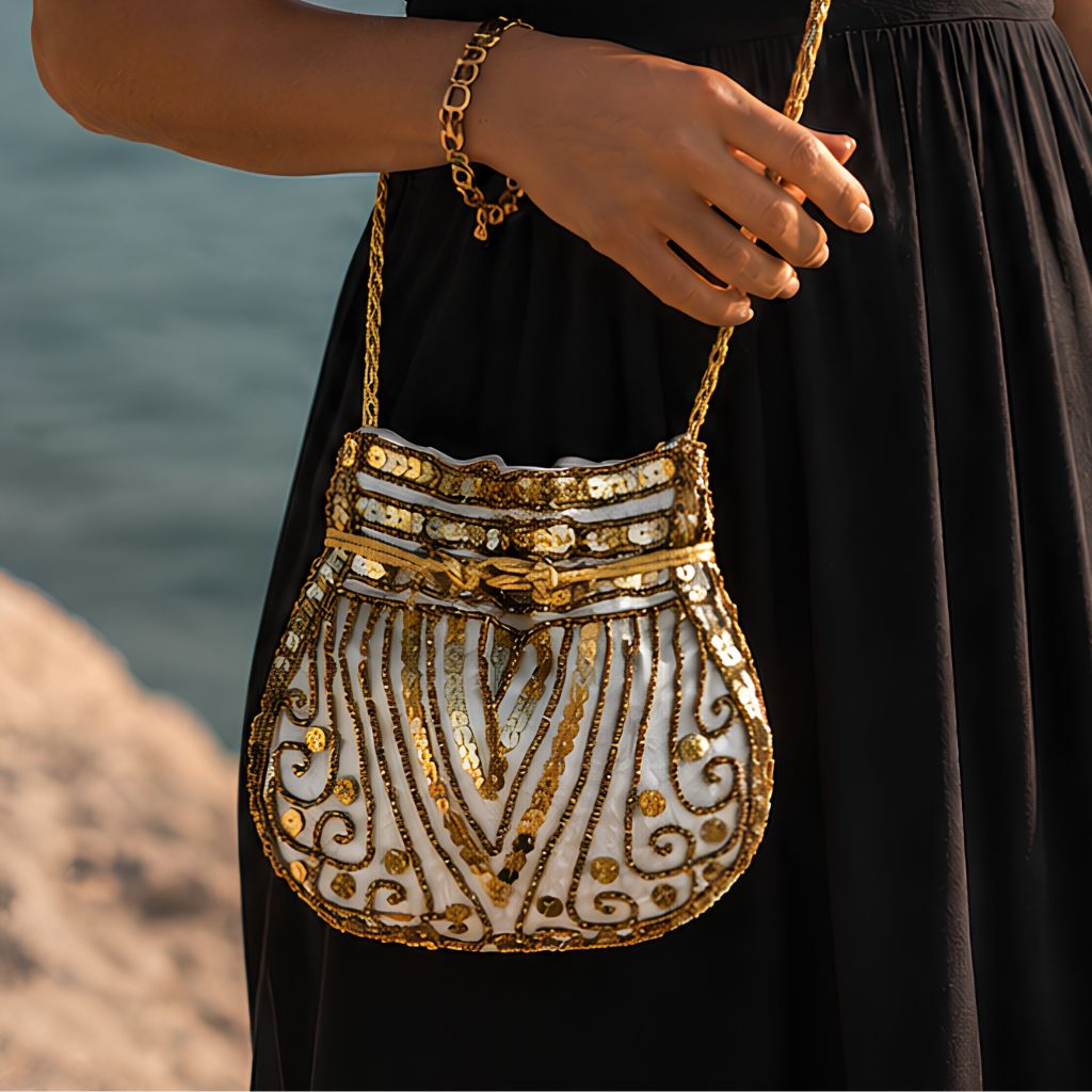 Bolso Bombonera Bordada Blanca/Oro