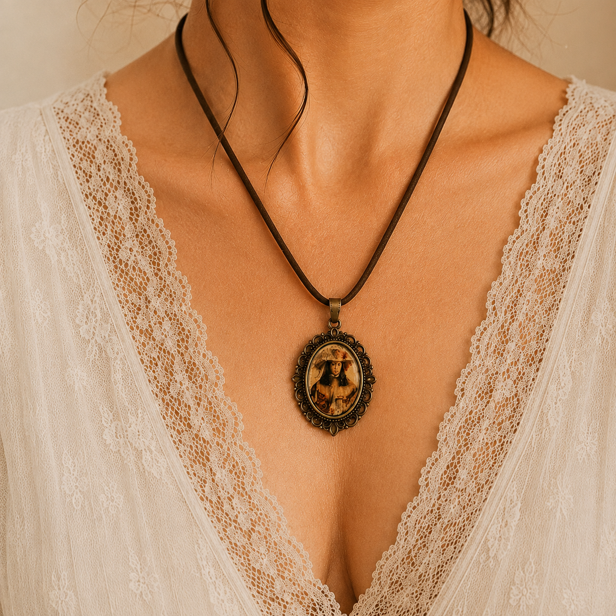 Colgante del Traslado de la Virgen del Rocío de Pastora con cordón marrón